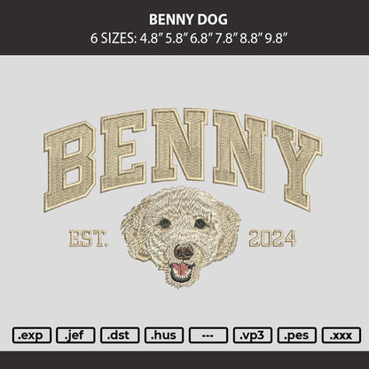 Benny Dog Embroidery Machine Design File 6 sizes
