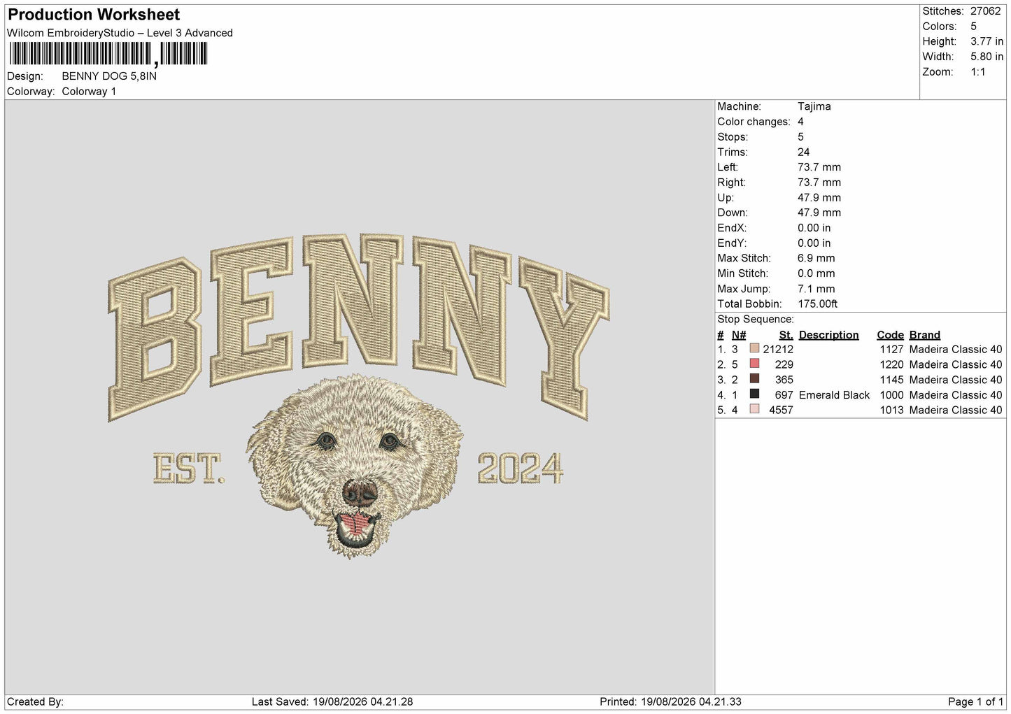 Benny Dog Embroidery Machine Design File 6 sizes