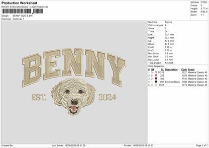 Benny Dog Embroidery Machine Design File 6 sizes