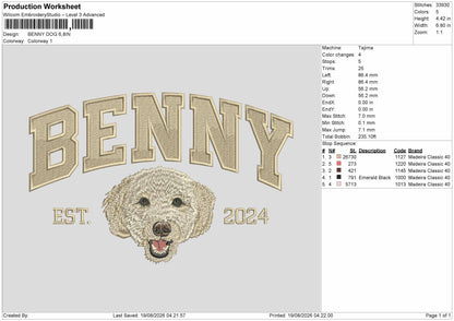Benny Dog Embroidery Machine Design File 6 sizes
