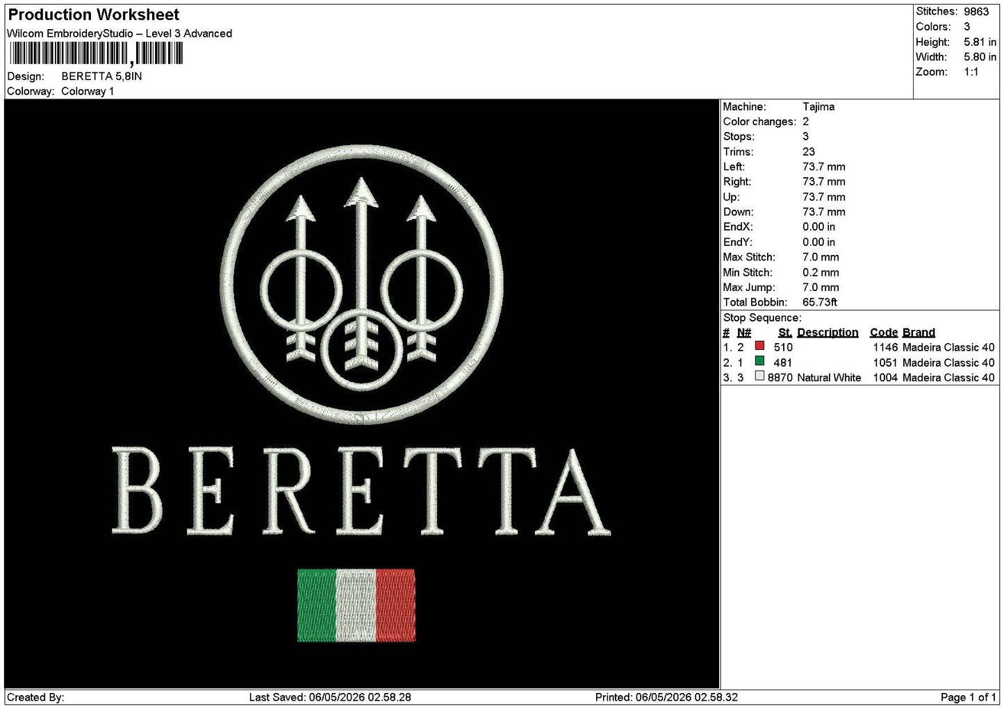 Berettatext Embroidery File 6 sizes