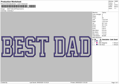 BEST DAD APPLIQUE  Embroidery Machine Design