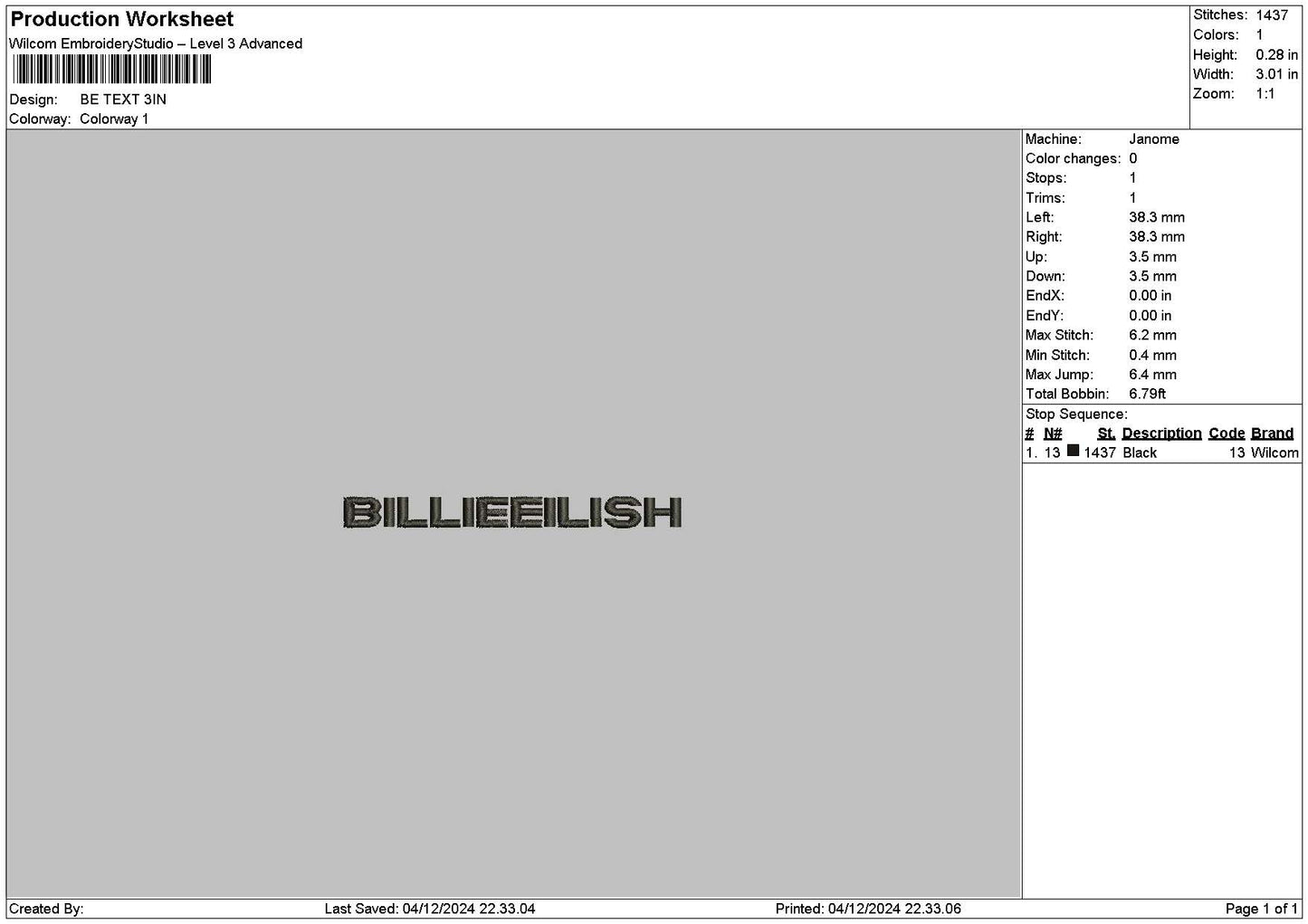 Billietext 0412 Embroidery File 6 sizes