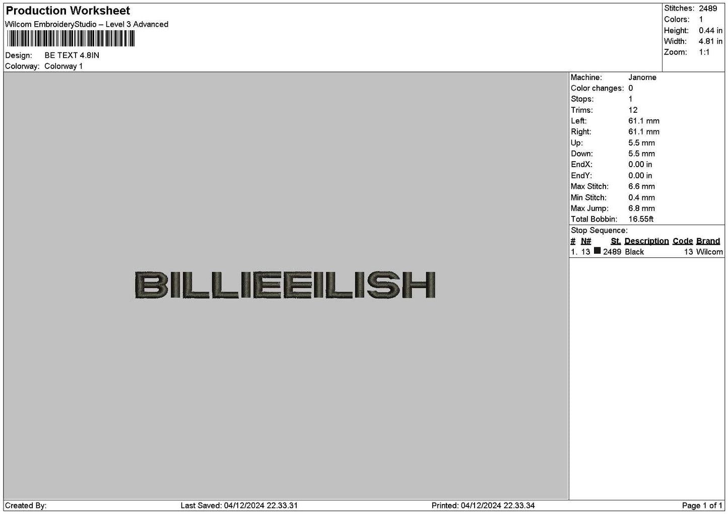 Billietext 0412 Embroidery File 6 sizes