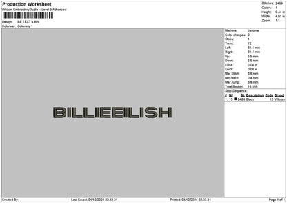 Billietext 0412 Embroidery File 6 sizes