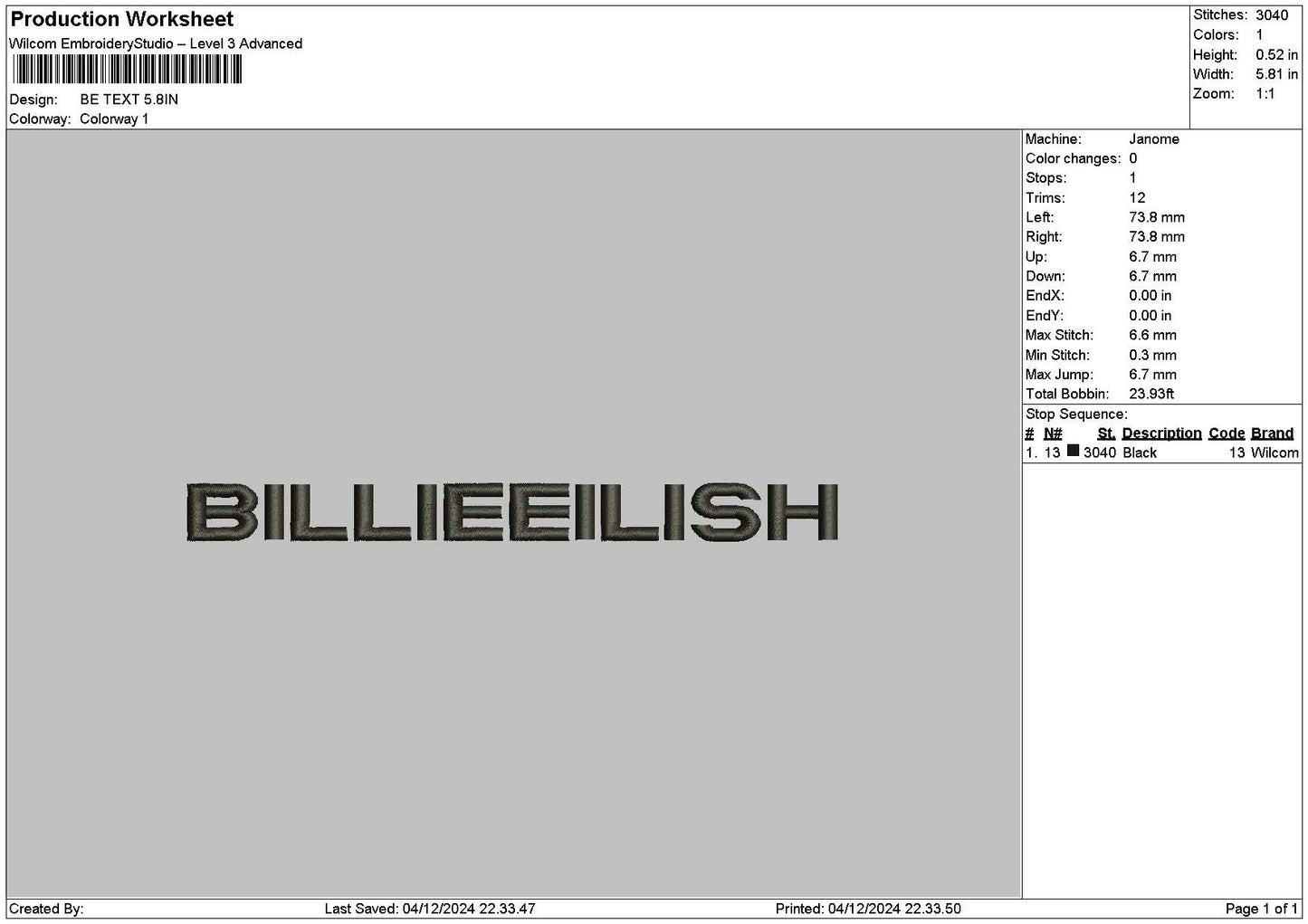 Billietext 0412 Embroidery File 6 sizes