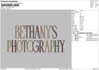 Bethanytext Embroidery Machine Design File 6 sizes
