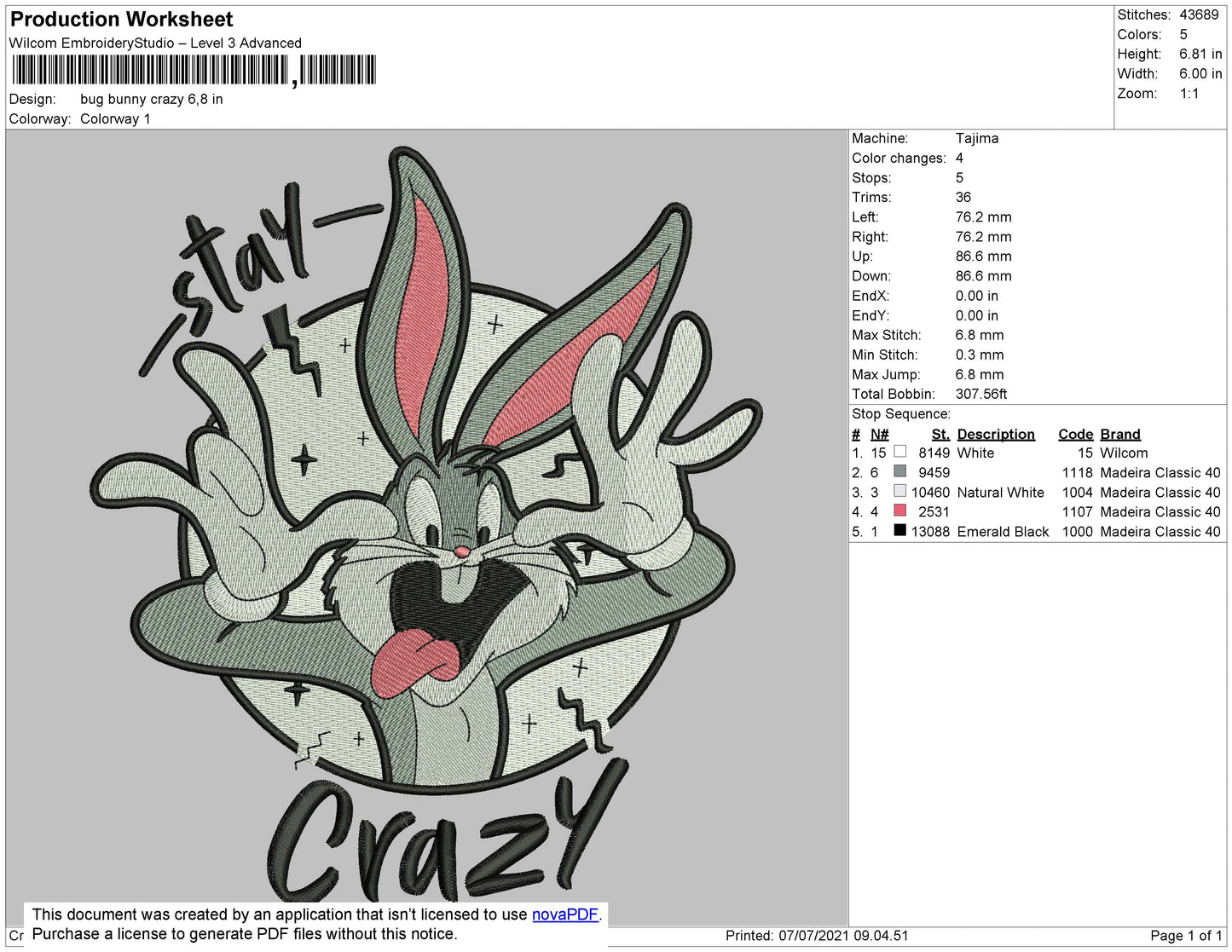 Bug Bunny Crazy Embroidery File 4 size