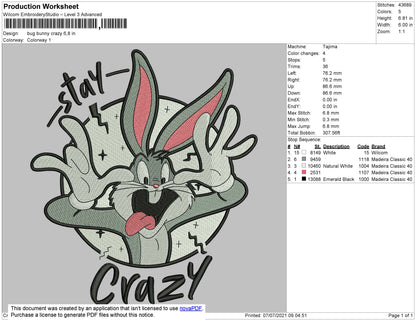 Bug Bunny Crazy Embroidery File 4 size