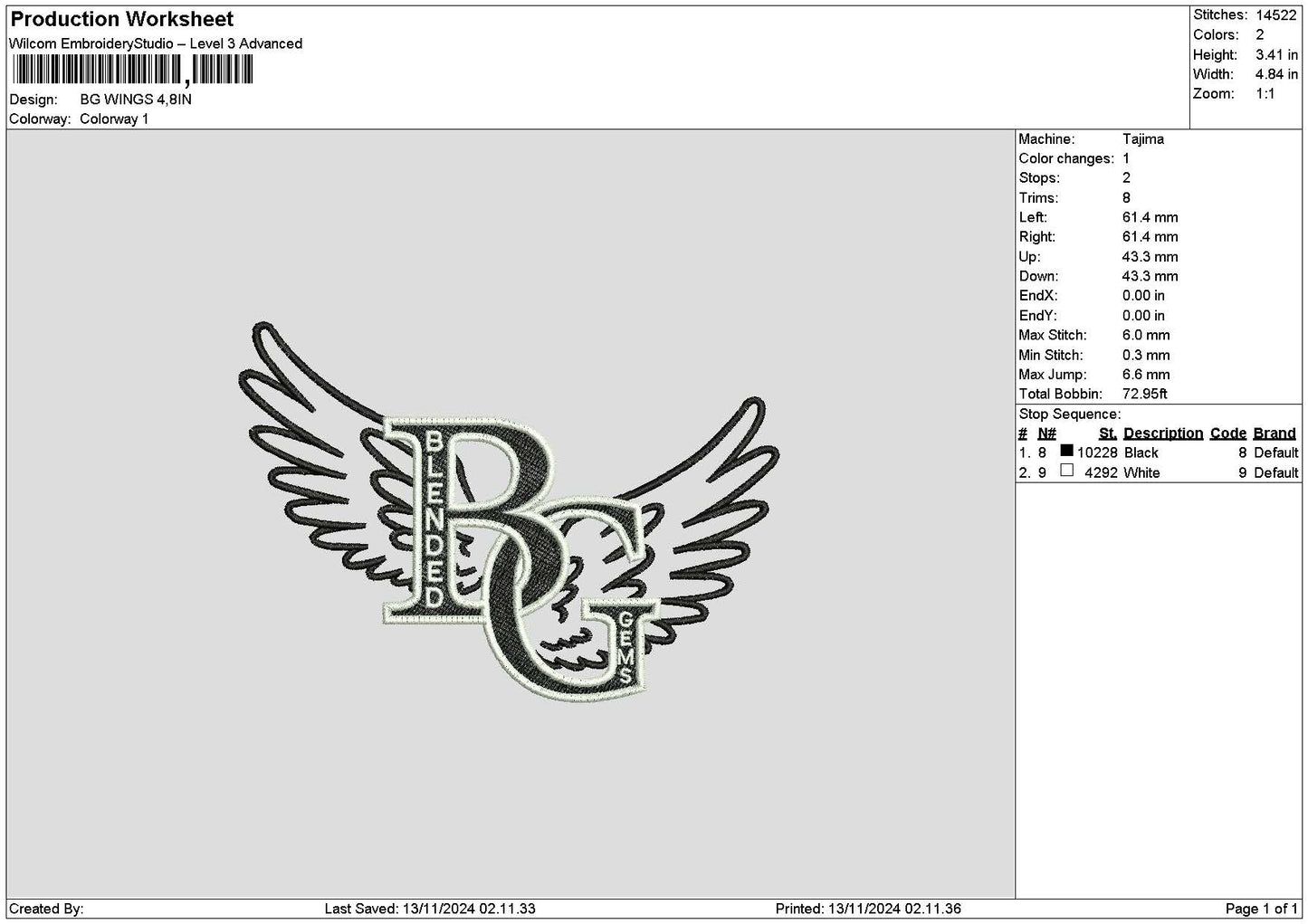 Bg Wings Embroidery File 6 sizes