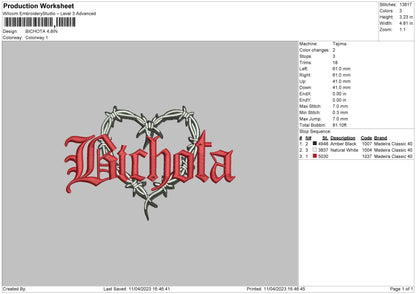 Bichota Embroidery File 6 sizes