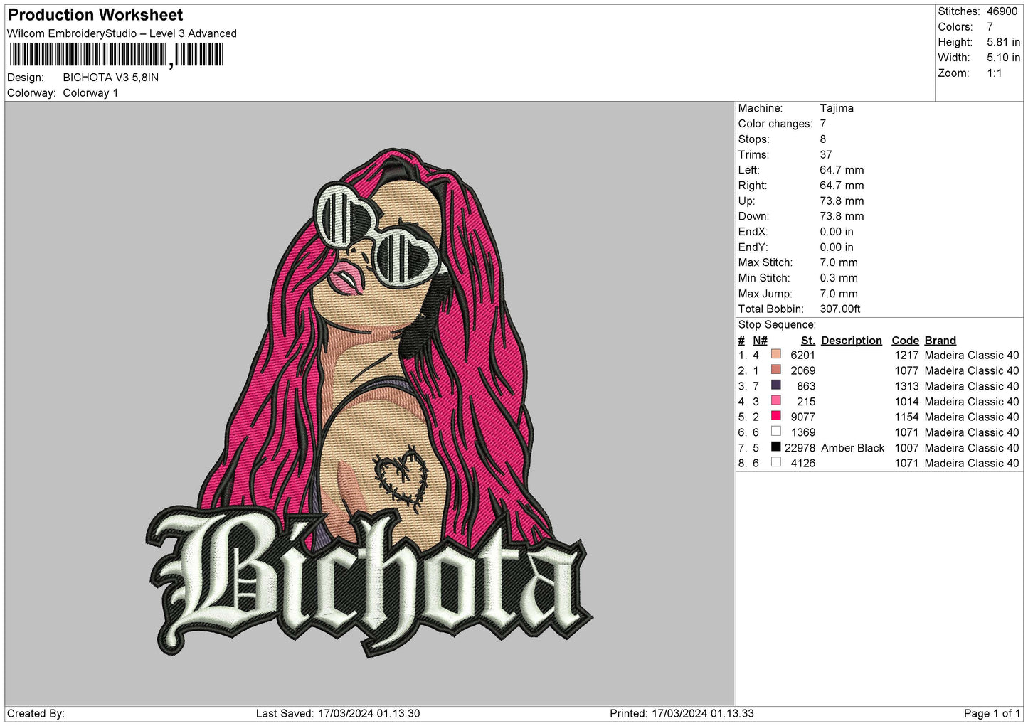 Bichota1703 Embroidery File 6 sizes