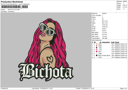 Bichota1703 Embroidery File 6 sizes