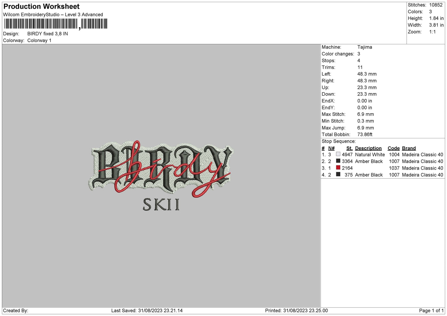 Birdy Embroidery File 6 sizes
