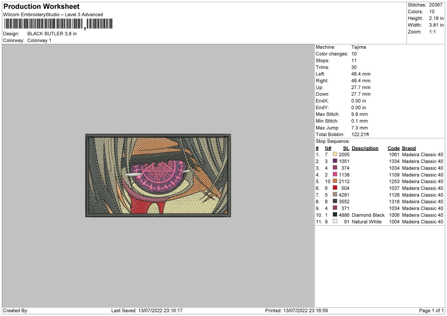 Black Butler Embroidery File 4 sizes