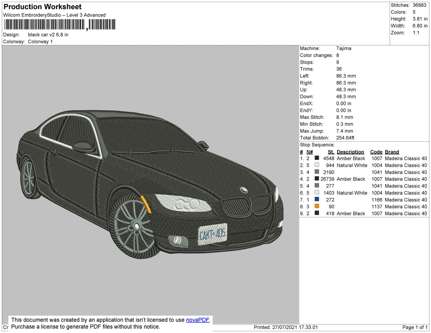 Black Car V002 Embroidery File 4 size