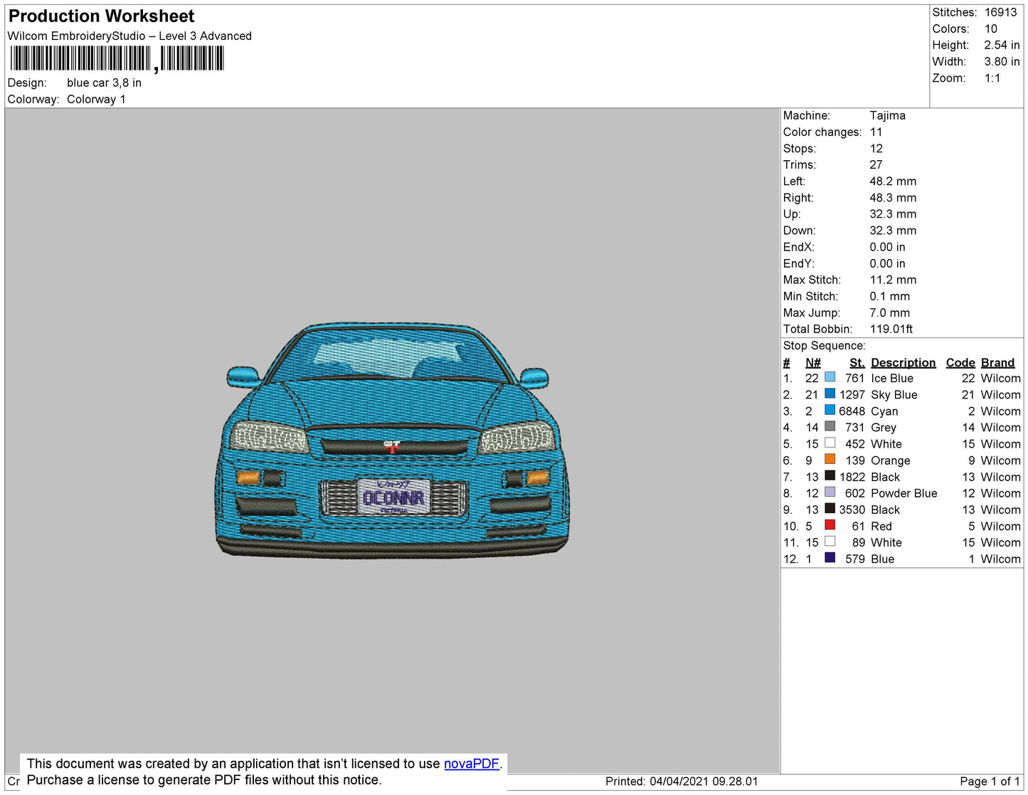 Blue Car Embroidery Machine Design File 4 size