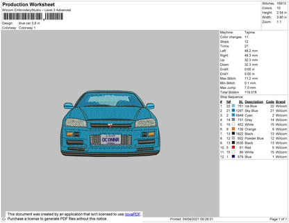 Blue Car Embroidery Machine Design File 4 size