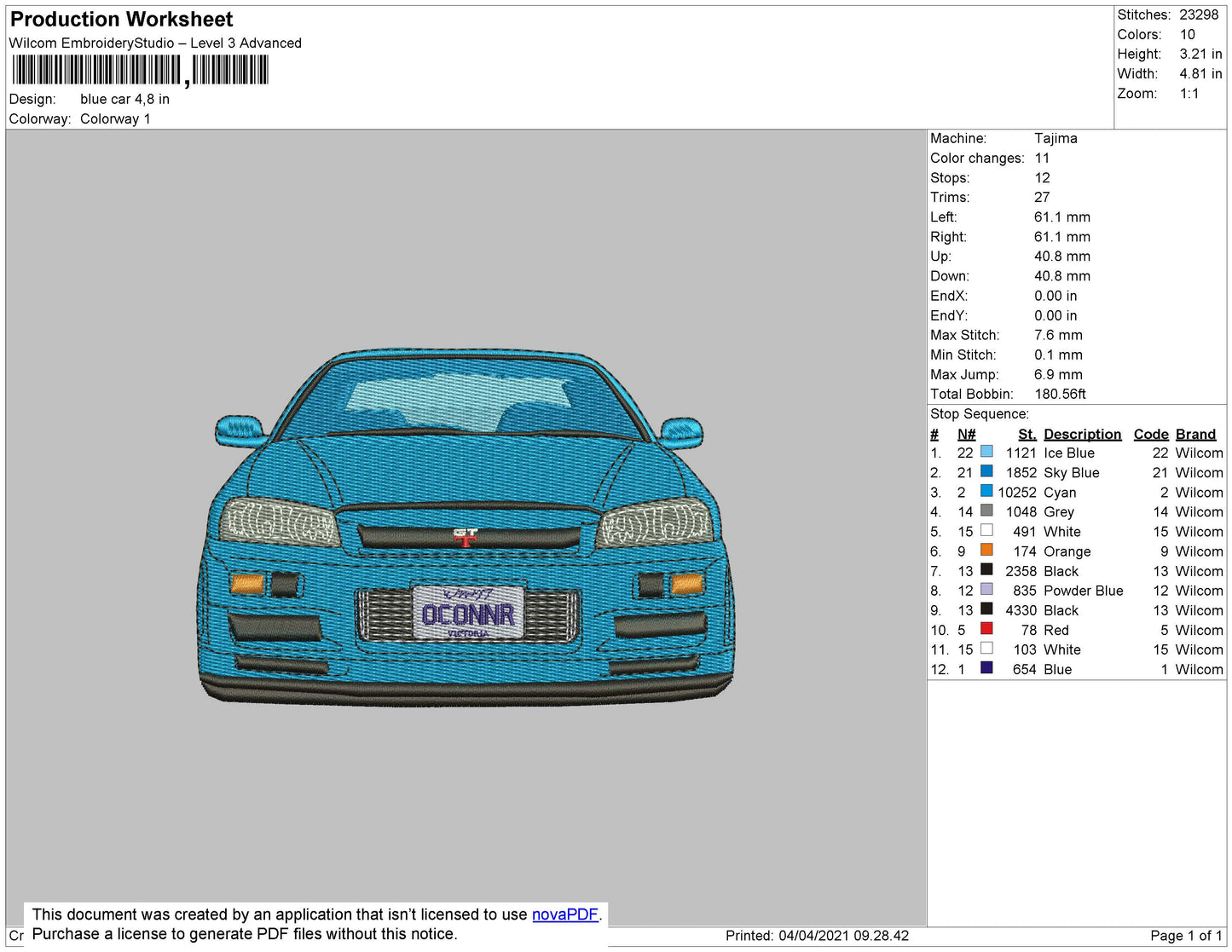 Blue Car Embroidery Machine Design File 4 size