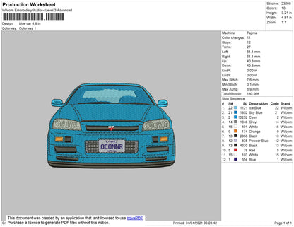Blue Car Embroidery Machine Design File 4 size