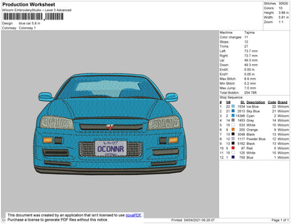 Blue Car Embroidery Machine Design File 4 size