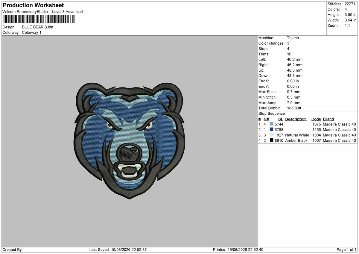 Blue Bear Embroidery Machine Design File 6 sizes