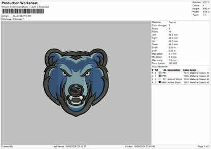 Blue Bear Embroidery Machine Design File 6 sizes
