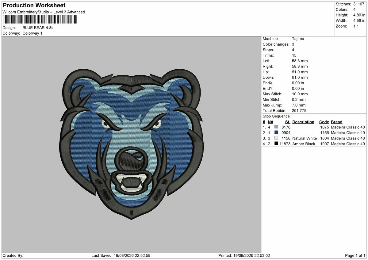 Blue Bear Embroidery Machine Design File 6 sizes