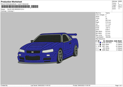 Blue Car 0902 Embroidery File 6 sizes