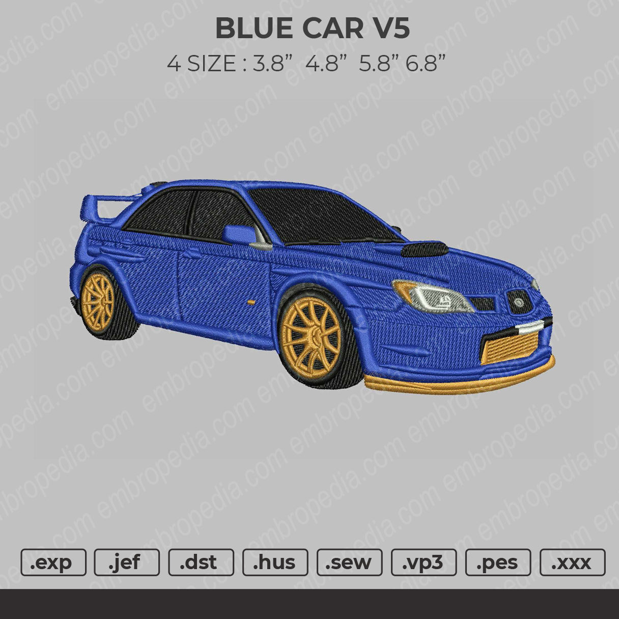 Blue Car V5 Embroidery Design File 4 size