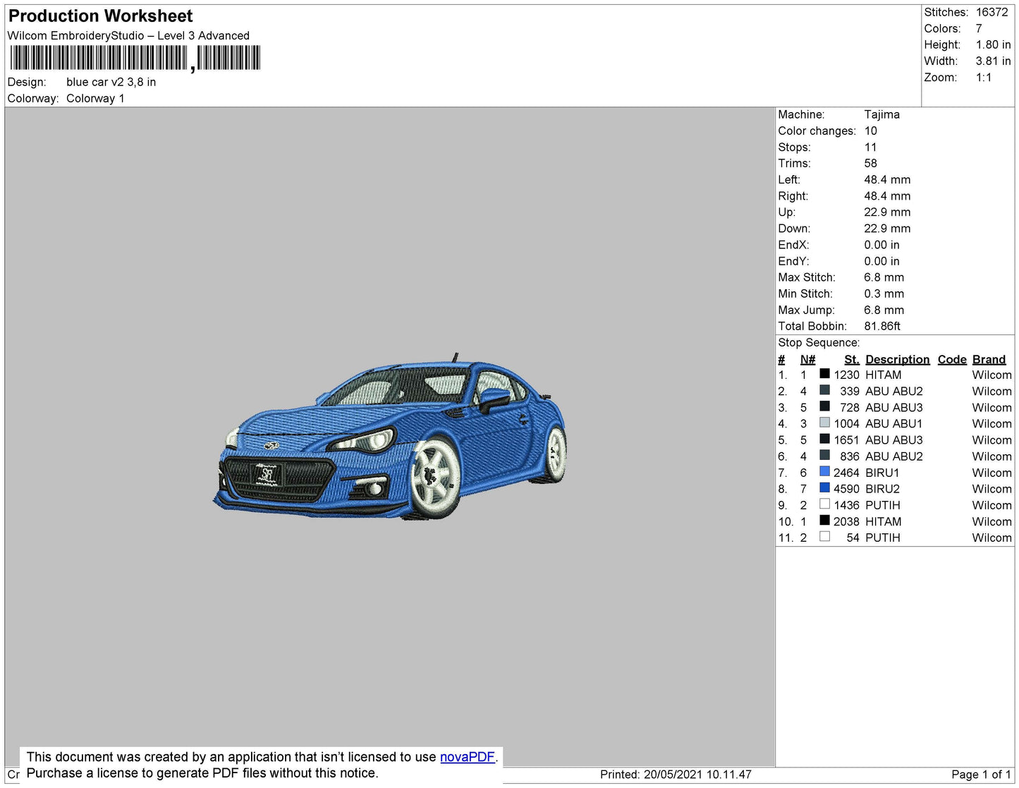 Blue Car V2 Embroidery File 4 size