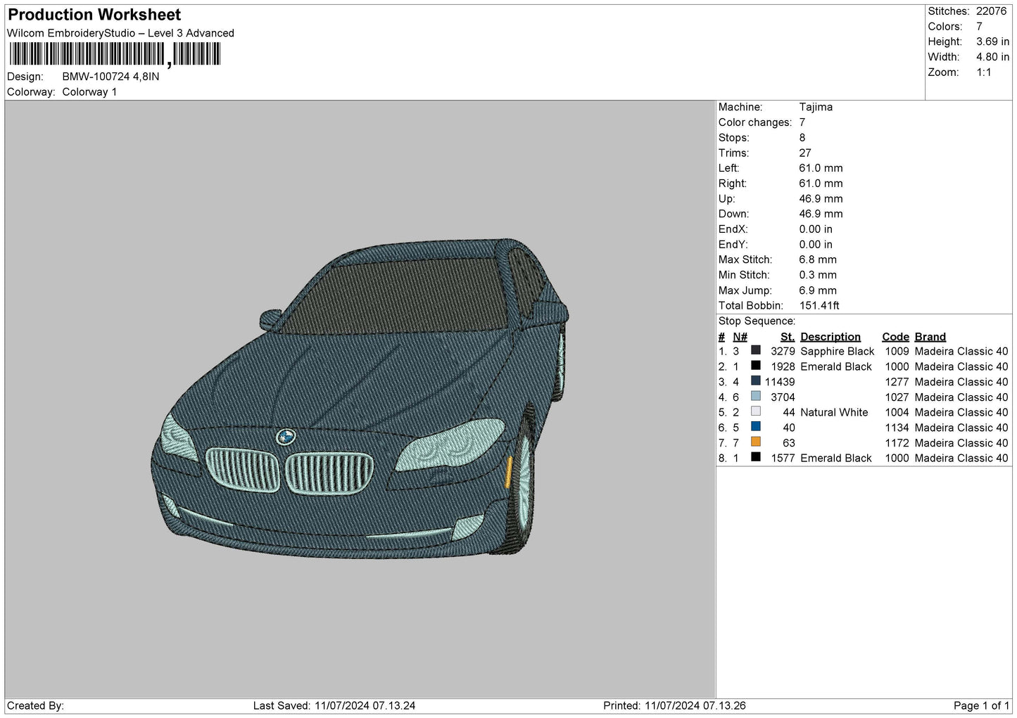 Car Bmw1107 Embroidery File 6 sizes