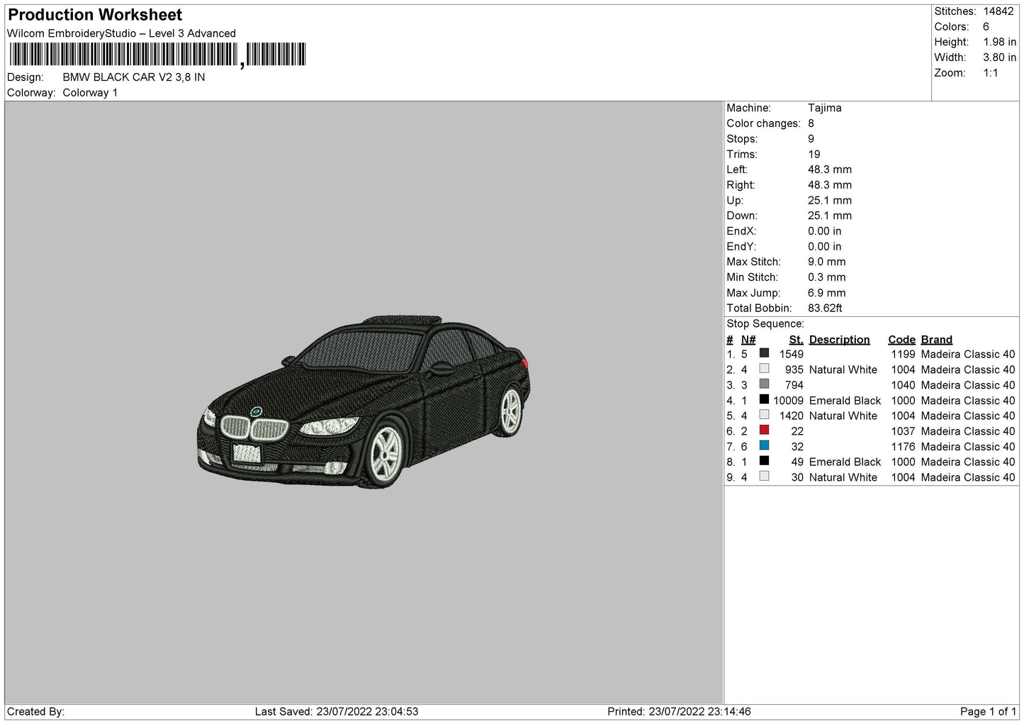 BMW Black Car V2 Embroidery Design File 4 sizes