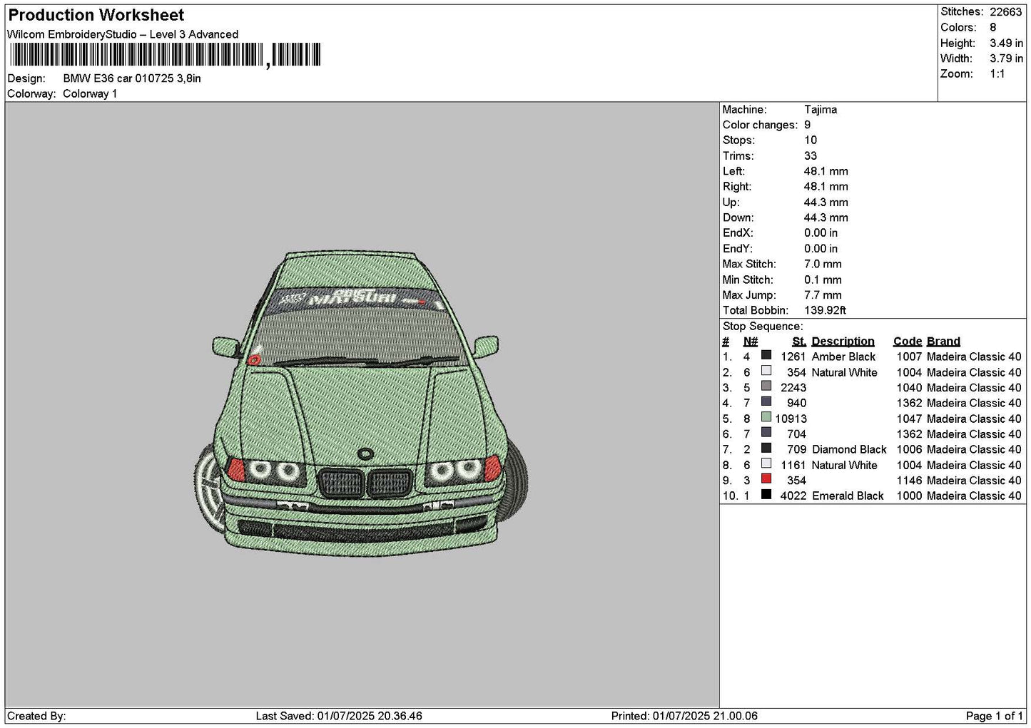 Green Car 0107 Embroidery File 6 sizes
