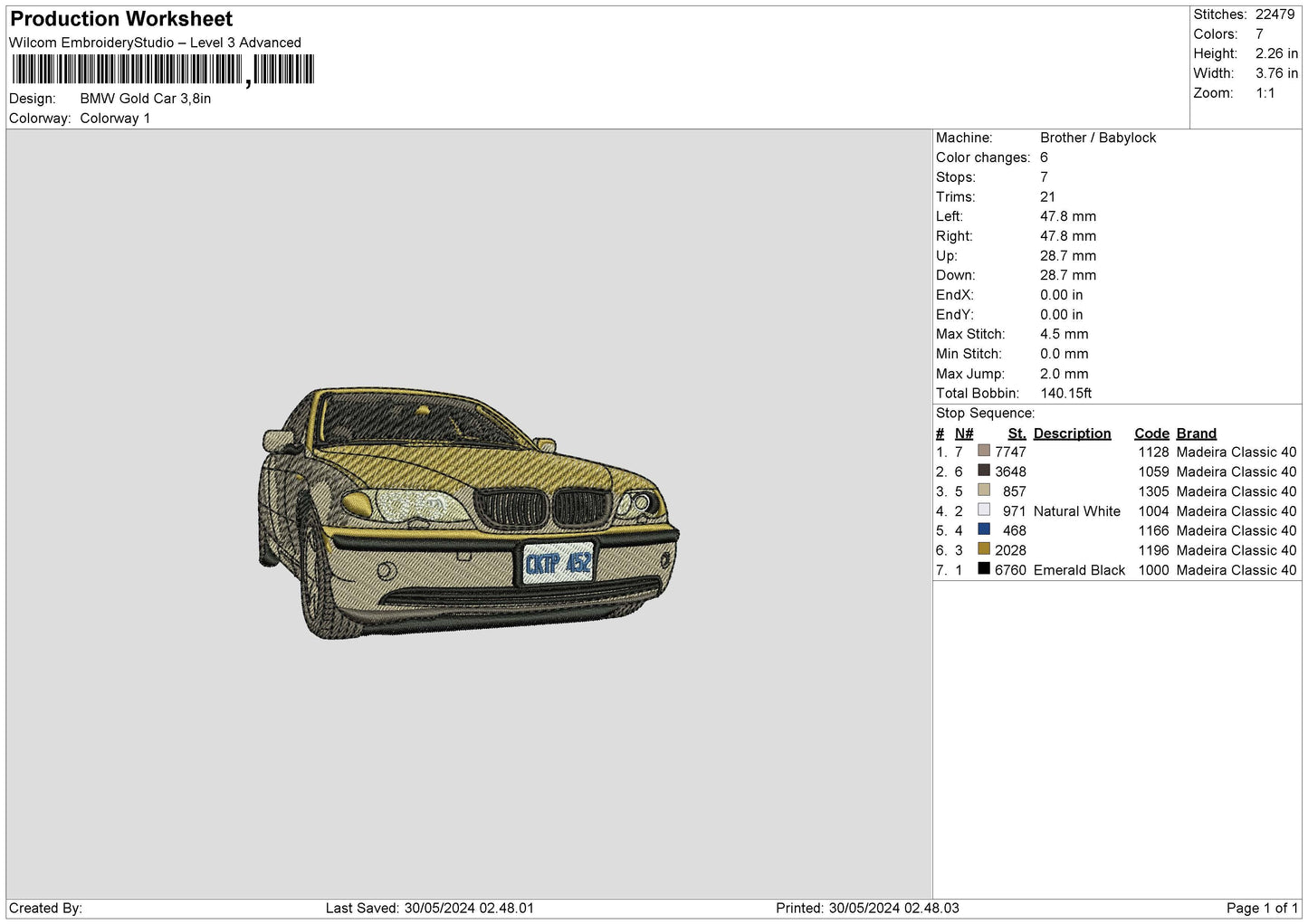 Gold Car Embroidery File 6 sizes