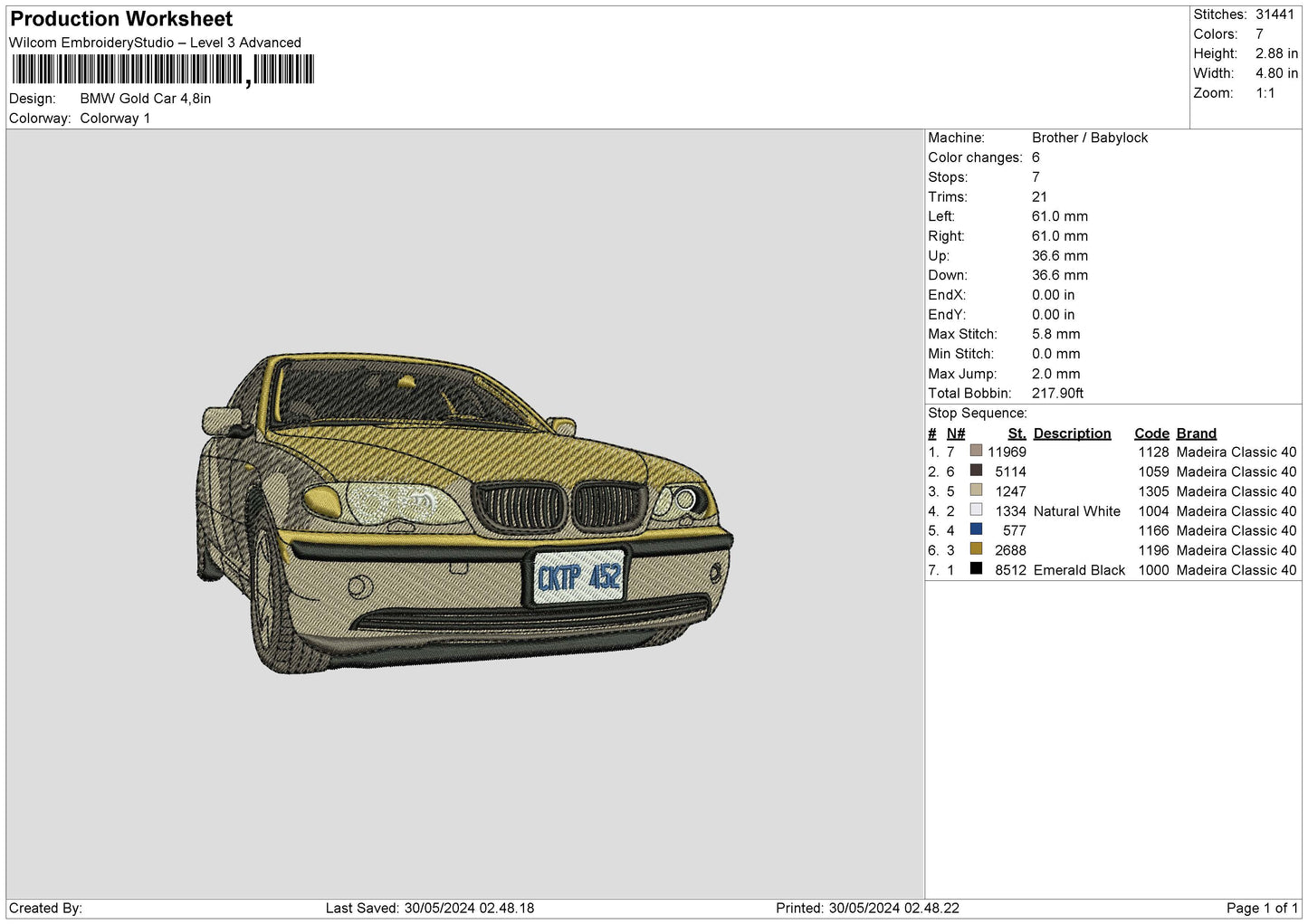 Gold Car Embroidery File 6 sizes