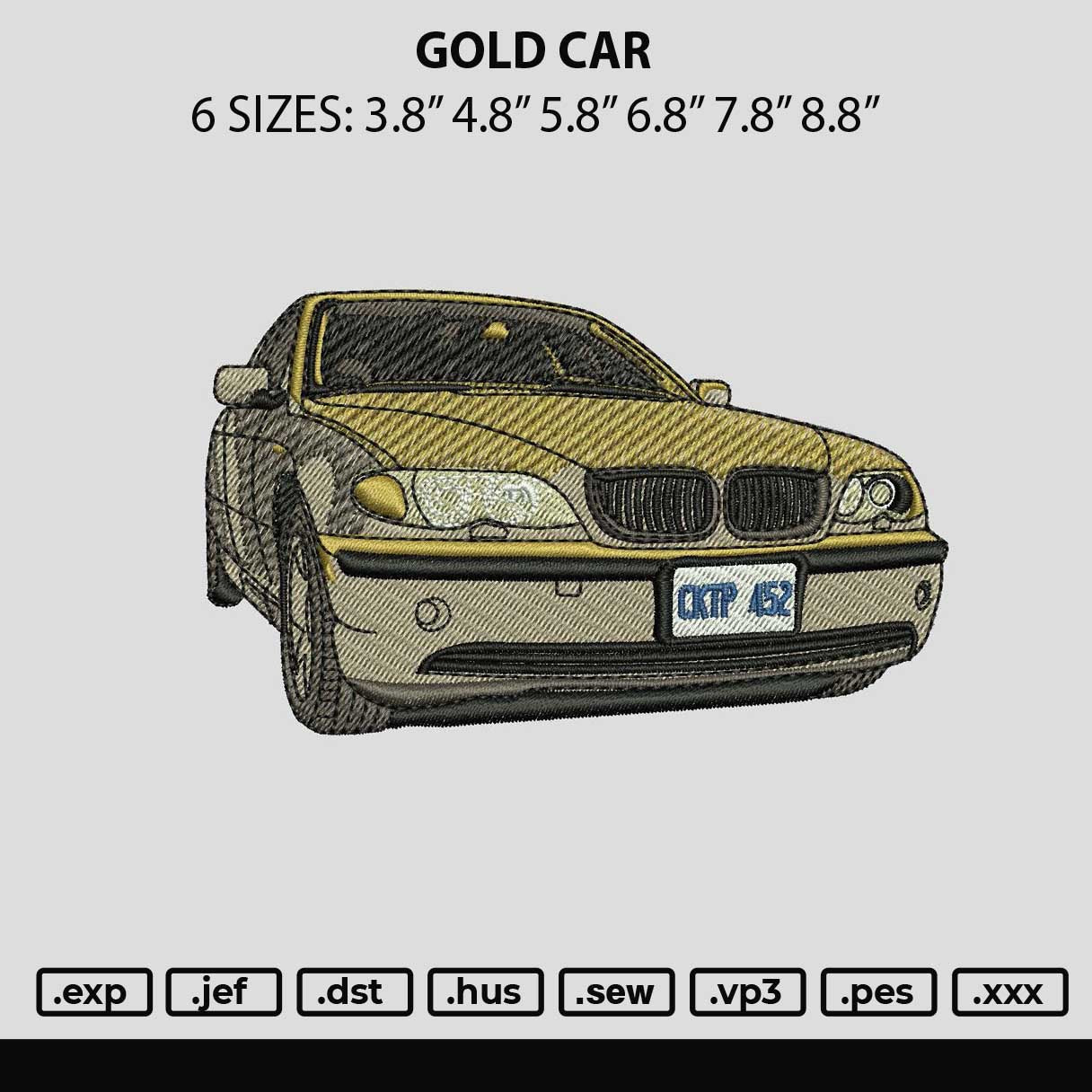 Gold Car Embroidery File 6 sizes
