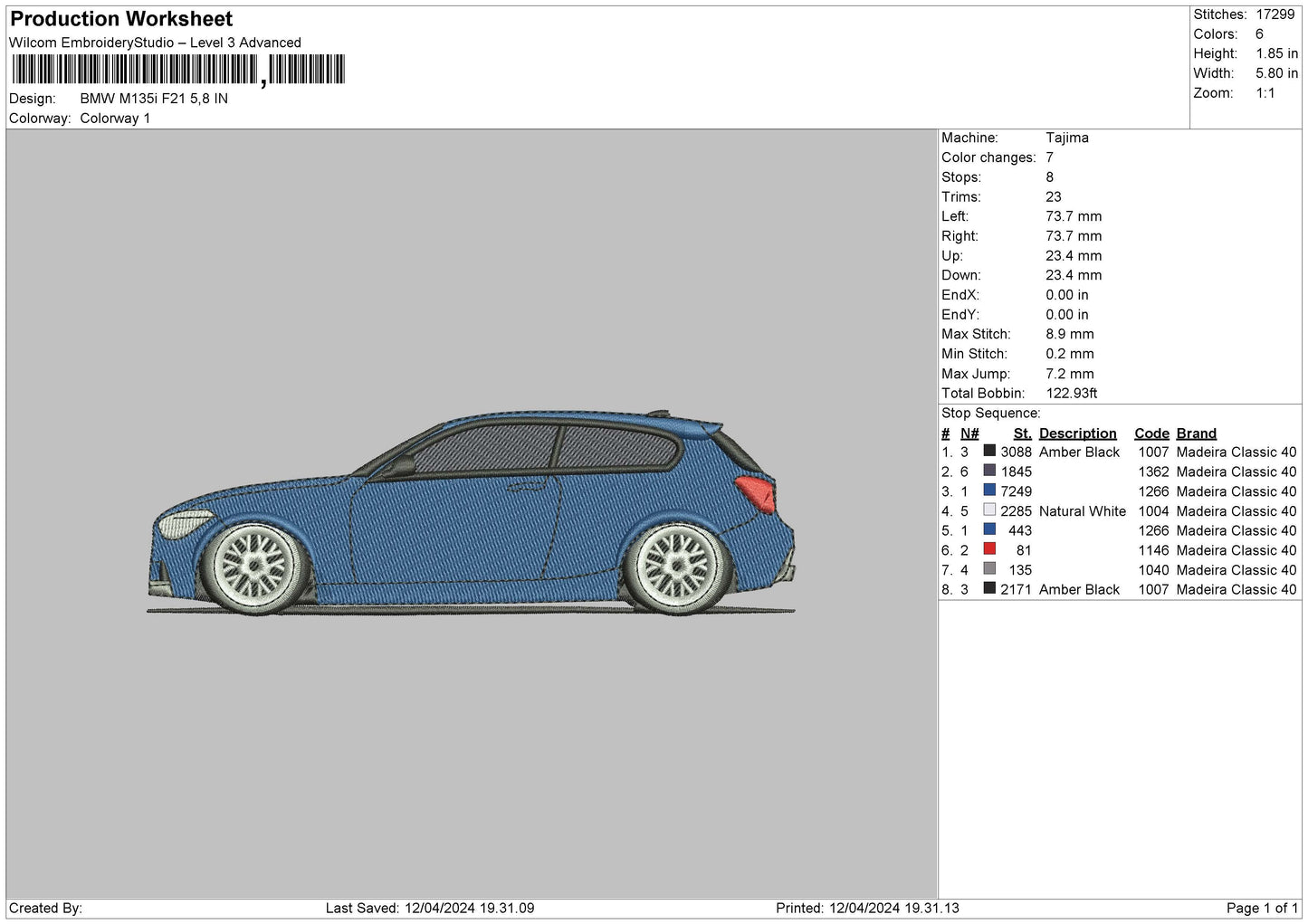 Car 1204 Embroidery  Machine Design File 6 sizes
