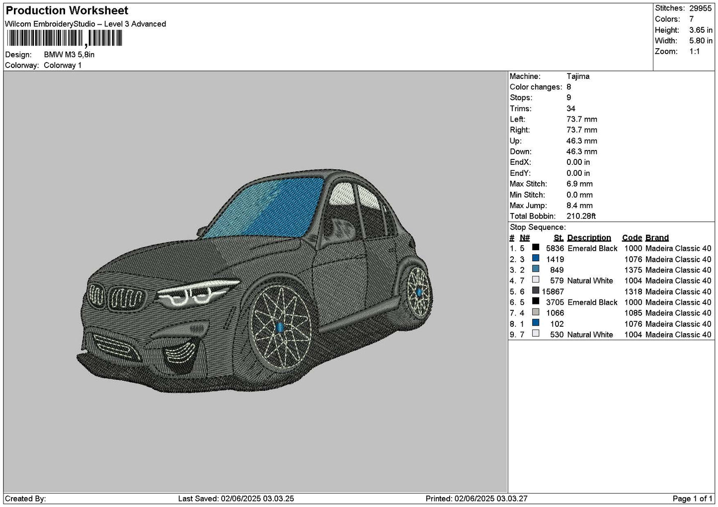 Black Car M3 Embroidery File 6 sizes