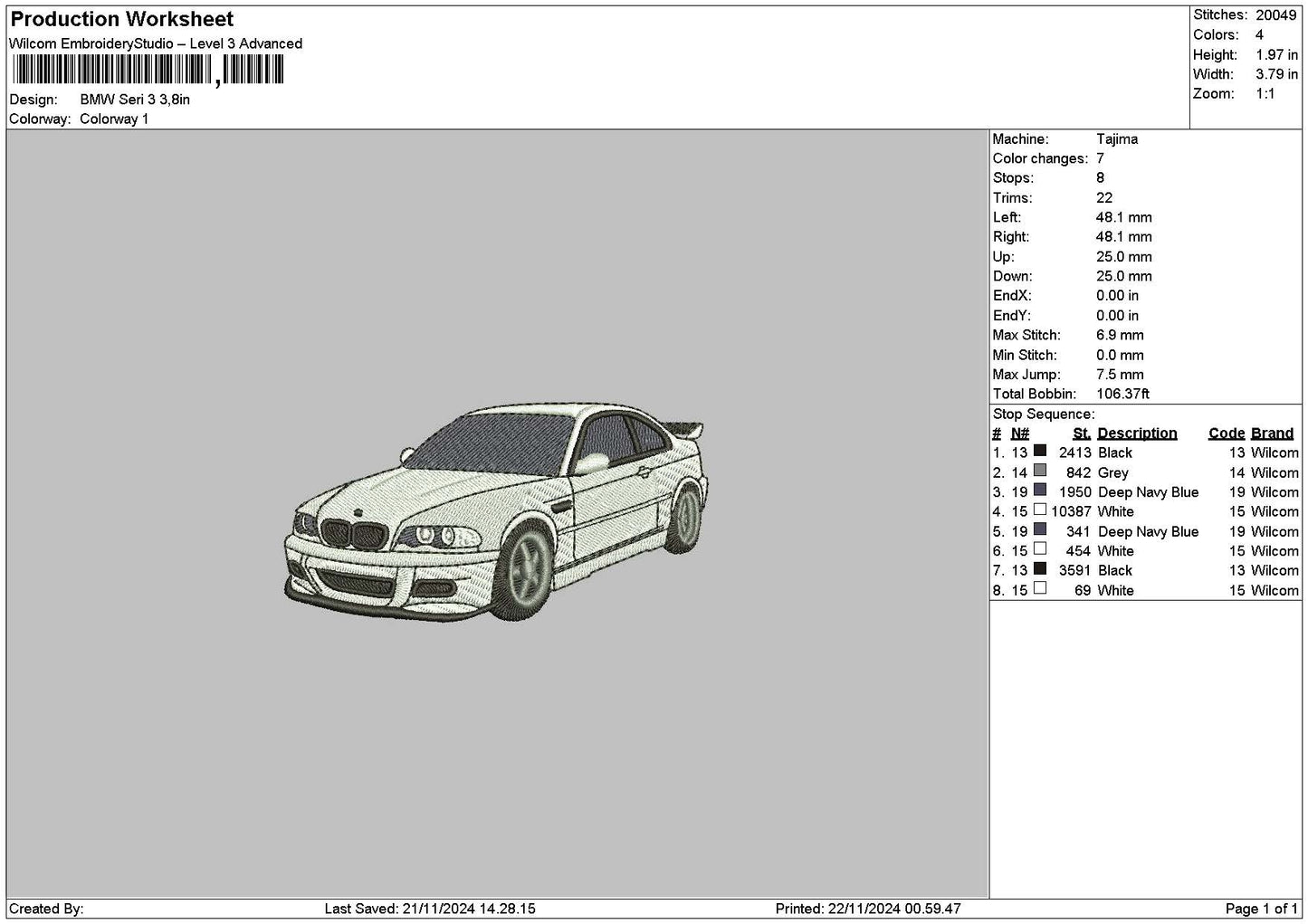 White Car 2211 Embroidery File 6 sizes