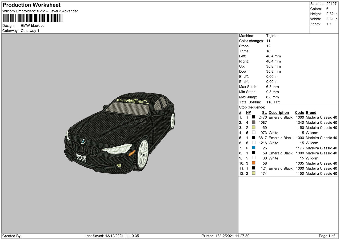 BMW Black Car Embroidery Design File 4 size