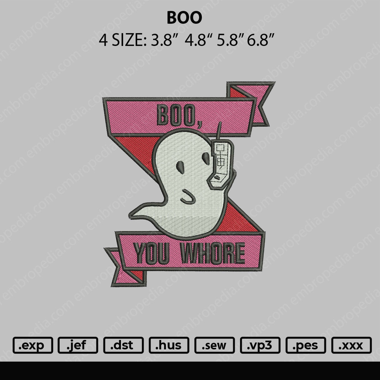 Boo Embroidery Machine Design File 4 sizes