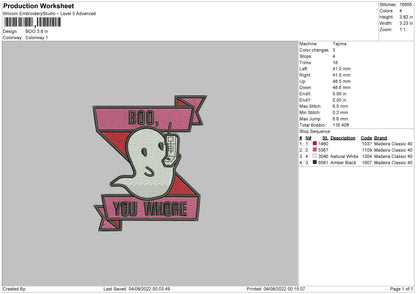 Boo Embroidery Machine Design File 4 sizes