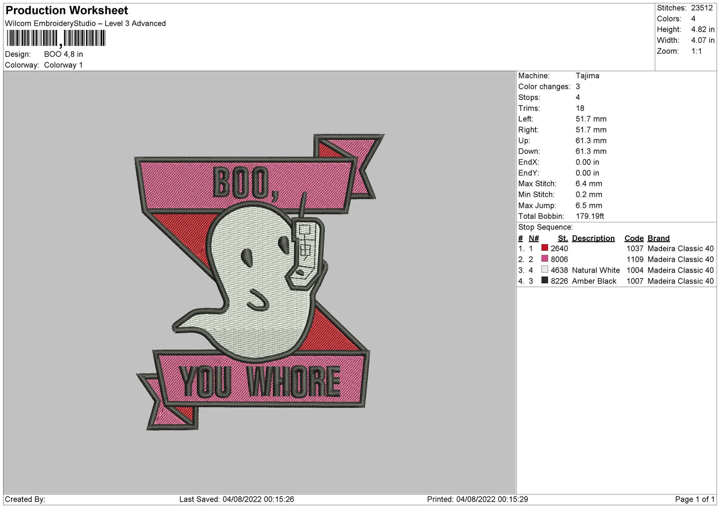 Boo Embroidery Machine Design File 4 sizes