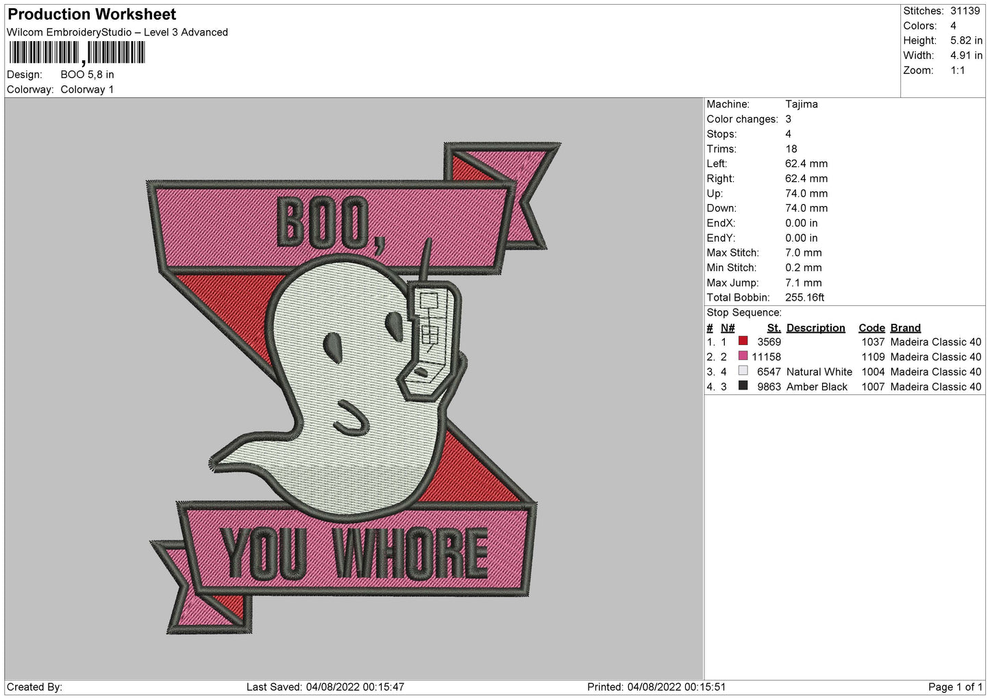 Boo Embroidery Machine Design File 4 sizes