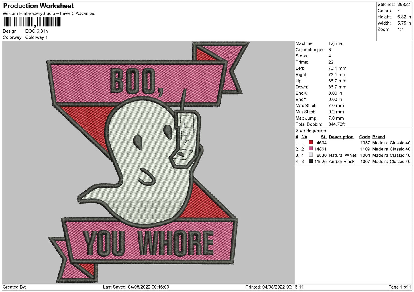 Boo Embroidery Machine Design File 4 sizes
