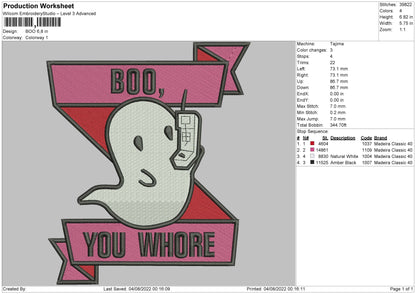 Boo Embroidery Machine Design File 4 sizes
