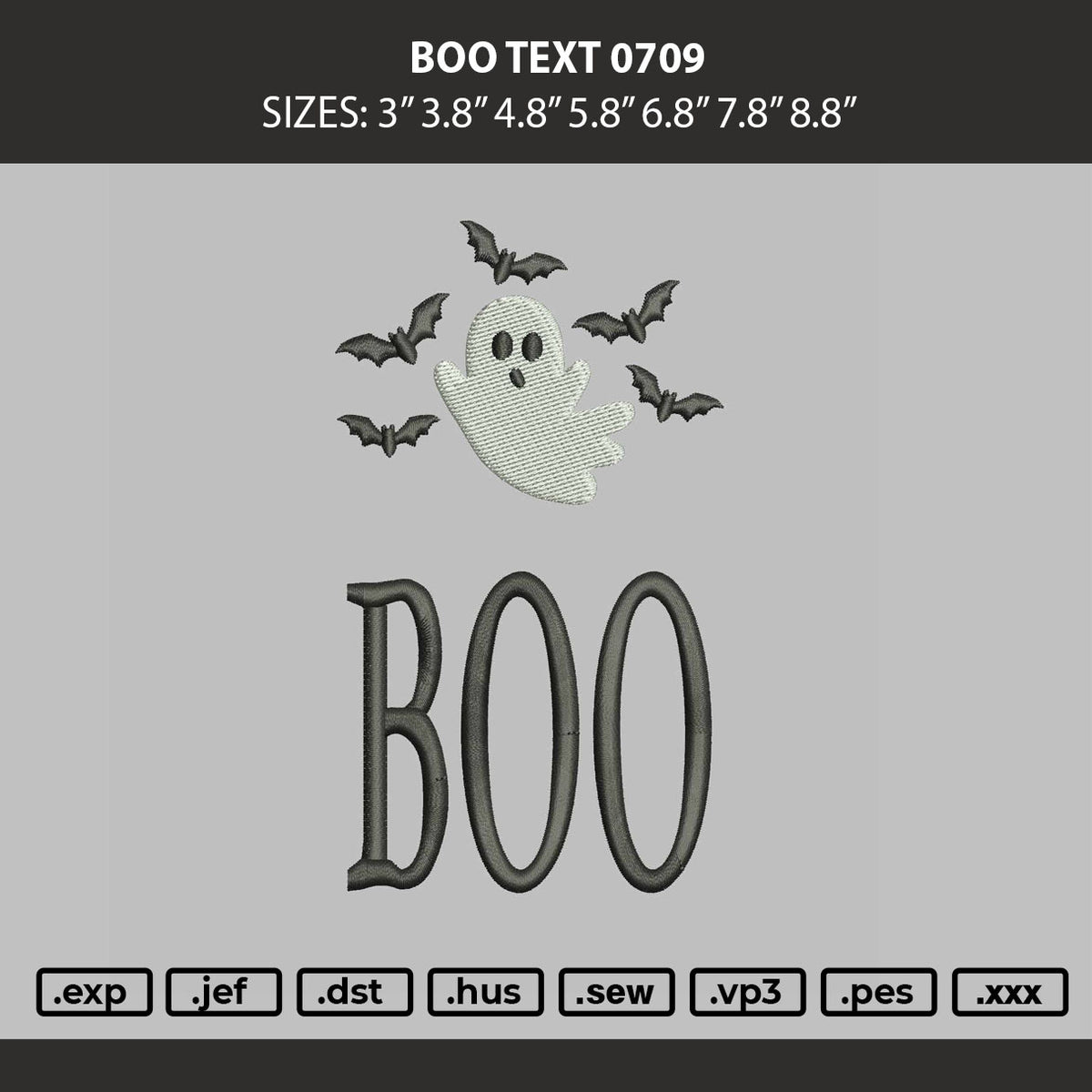 Boo Text 0709 Embroidery Machine Design File 6 sizes