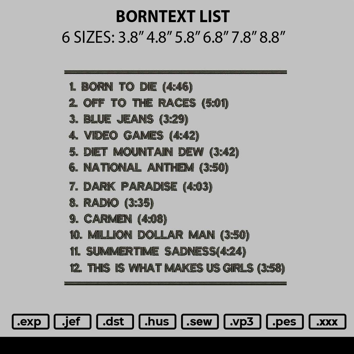 Borntext List Embroidery File 6 sizes