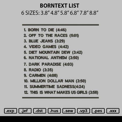 Borntext List Embroidery File 6 sizes